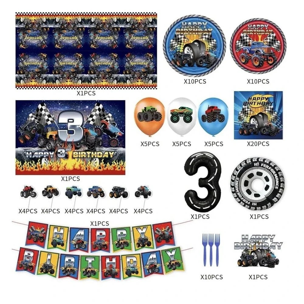 Monster Truck Birthday Party Kit for 3rd Birthday Banner Balloons Tablecloth